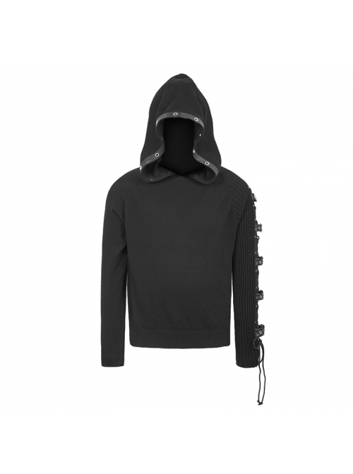 Punk Style Stretch Wool With Asymmetrical Hollow Eyelet Tie String Long Sleeve Black Warm Hooded Sweater