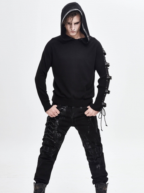 Punk Style Stretch Wool With Asymmetrical Hollow Eyelet Tie String Long Sleeve Black Warm Hooded Sweater