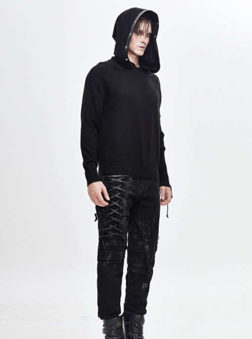 Punk Style Stretch Wool With Asymmetrical Hollow Eyelet Tie String Long Sleeve Black Warm Hooded Sweater