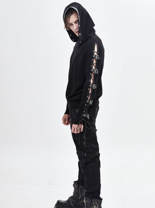 Punk Style Stretch Wool With Asymmetrical Hollow Eyelet Tie String Long Sleeve Black Warm Hooded Sweater