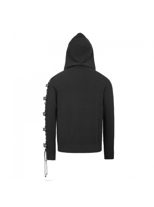 Punk Style Stretch Wool With Asymmetrical Hollow Eyelet Tie String Long Sleeve Black Warm Hooded Sweater