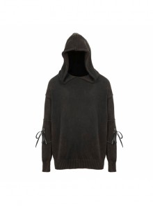 Punk Style Chunky Warm Knitted Elbow Eyelets Belt Tie Design Brown Hooded Long Sleeve Sweater