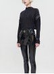 Punk Style Warm Wool And Leather Dropped Shoulders Eyelet Tie Rope Design Black Zipper Long Sleeve Sweater