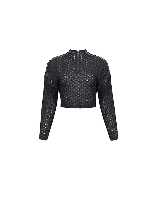 Punk Style Warm Wool And Leather Dropped Shoulders Eyelet Tie Rope Design Black Zipper Long Sleeve Sweater