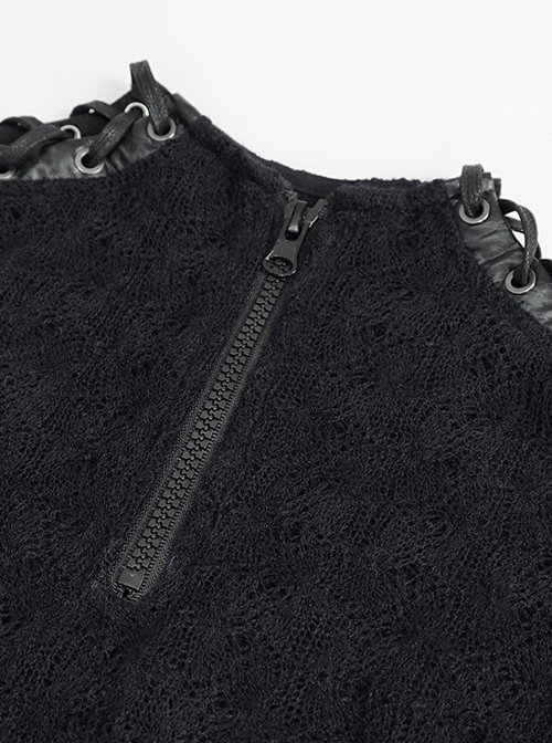 Punk Style Warm Wool And Leather Dropped Shoulders Eyelet Tie Rope Design Black Zipper Long Sleeve Sweater