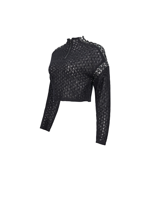 Punk Style Warm Wool And Leather Dropped Shoulders Eyelet Tie Rope Design Black Zipper Long Sleeve Sweater