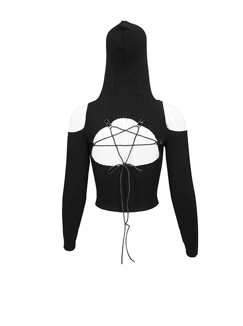 Punk Style Vertical Striped Wool Fabric Hollowed Out Pentagonal Galaxy On The Back Black Off Shoulder Long Sleeved Sweater