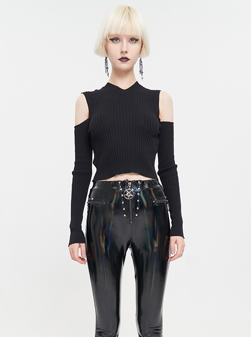 Punk Style Vertical Striped Wool Fabric Hollowed Out Pentagonal Galaxy On The Back Black Off Shoulder Long Sleeved Sweater