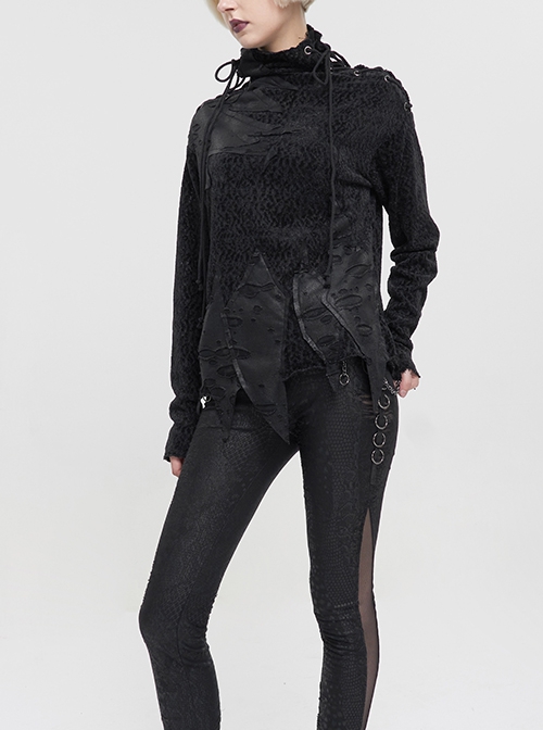 Punk Style Decadent Imitation Plush Patchwork Ripped Knit Shoulder Eyelet Tied With Irregular Hem Black Long Sleeved Warm Sweater