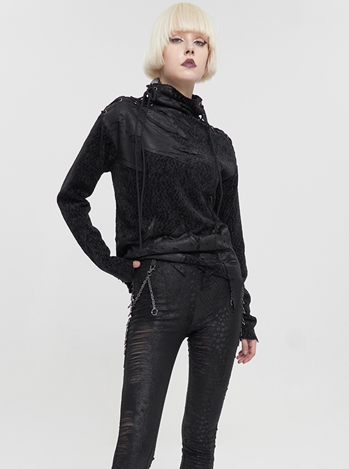 Punk Style Decadent Imitation Plush Patchwork Ripped Knit Shoulder Eyelet Tied With Irregular Hem Black Long Sleeved Warm Sweater