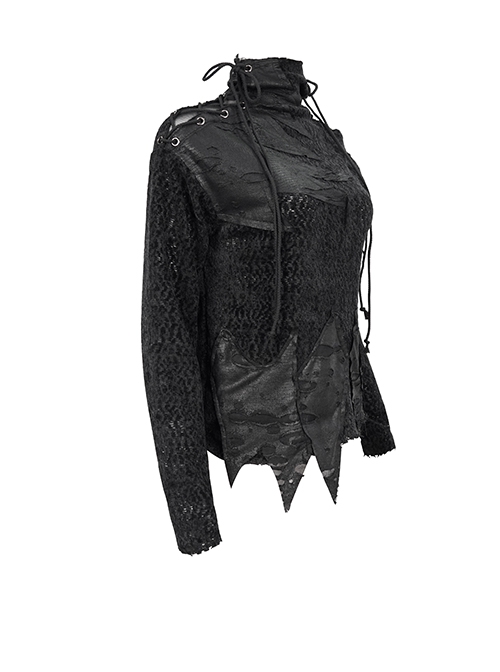 Punk Style Decadent Imitation Plush Patchwork Ripped Knit Shoulder Eyelet Tied With Irregular Hem Black Long Sleeved Warm Sweater