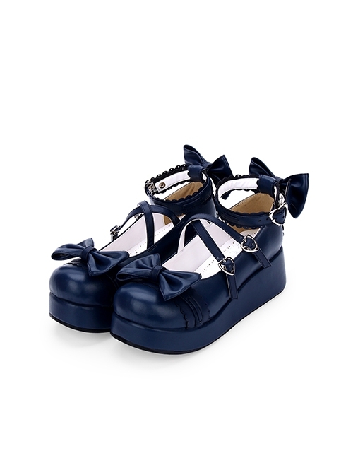 Lace Cross Ribbon Bowknot Cute Sweet Lolita Matte Leather Round Toe Thick Sole Mary Janes