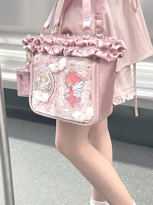 Elegant Romantic Glossy Satin Ruffles Transparent Layer Itabag Kawaii Fashion Crossbody Soft Tote Bag