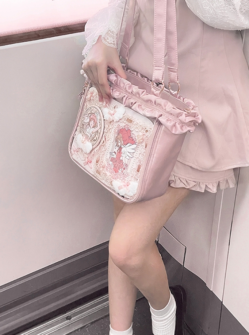 Elegant Romantic Glossy Satin Ruffles Transparent Layer Itabag Kawaii Fashion Crossbody Soft Tote Bag