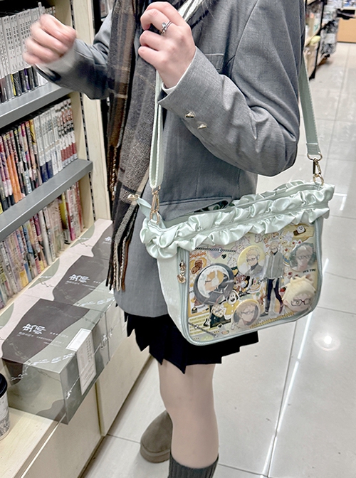 Elegant Romantic Glossy Satin Ruffles Transparent Layer Itabag Kawaii Fashion Crossbody Soft Tote Bag