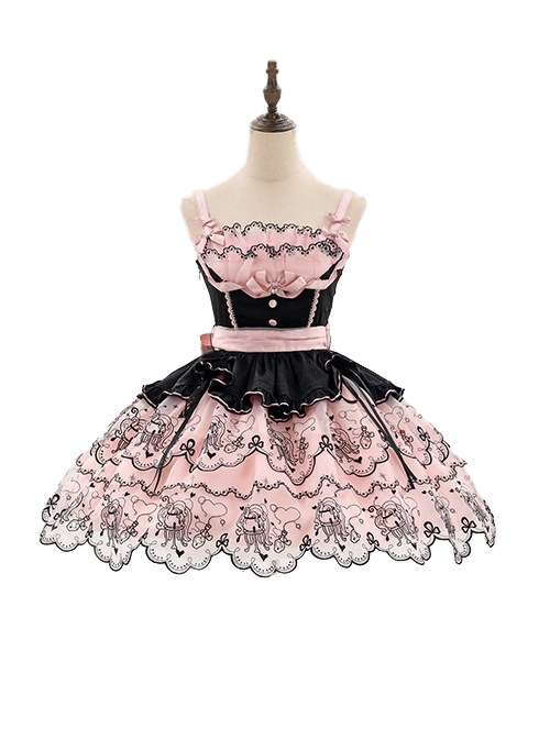 Throbbing Potion Series Black Pink Magic Embroidery Print Splicing Mesh Yarn Sweet Lolita Sleeveless Dress Magic Hat Set