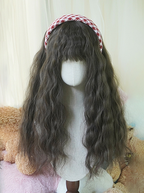 Pastoral Style Brown Daily Fluffy Natural Wool Curls Long Hair Flat Bangs Classic Lolita Full Head Wig