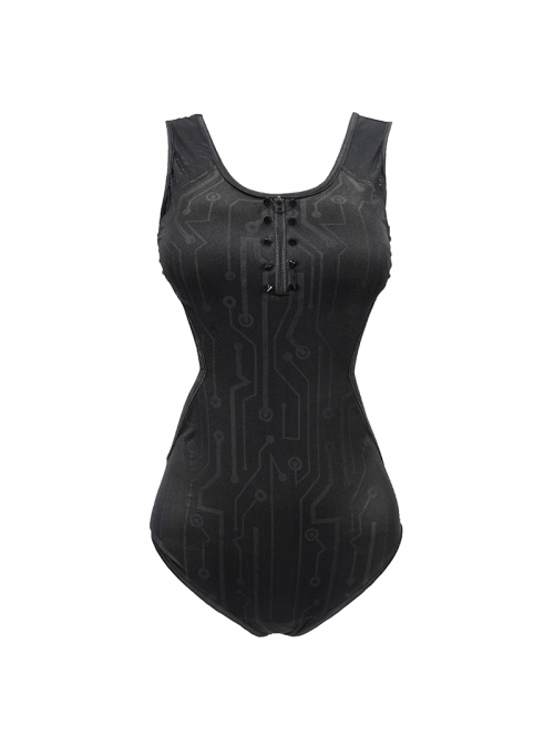 Punk Style Circuit Print Pattern Removable Cotton Front Chest Panel Side Waist Hollow Black Stretch One Piece Swimsuit