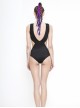 Punk Style Circuit Print Pattern Removable Cotton Front Chest Panel Side Waist Hollow Black Stretch One Piece Swimsuit