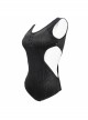 Punk Style Circuit Print Pattern Removable Cotton Front Chest Panel Side Waist Hollow Black Stretch One Piece Swimsuit