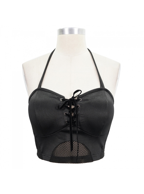 Punk Style Comfortable Mesh Front Chest Drawstring Half Hollow Black Elastic Camisole Swimsuit Top