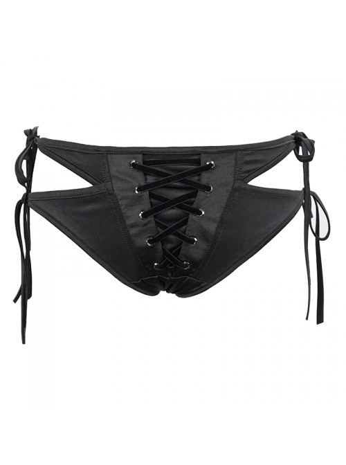 Punk Style Sexy Side Cutouts Adjustable Laces Front Center Eyelet Decoration Black Women's Swimsuit Bottoms