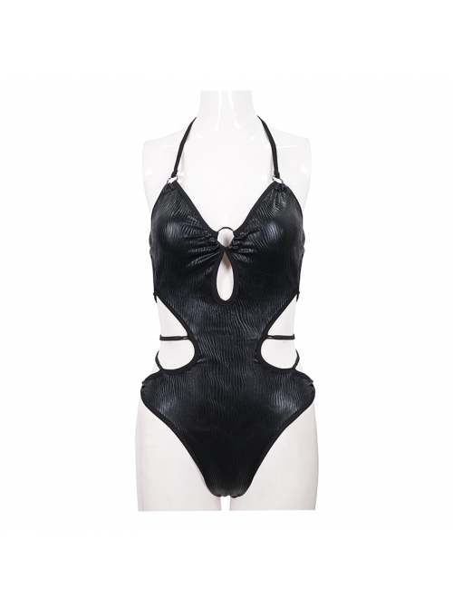 Punk Style Shiny Wavy Fabric With Metal Ring On The Chest Black Elastic One Piece Suspender Swimsuit