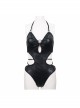 Punk Style Shiny Wavy Fabric With Metal Ring On The Chest Black Elastic One Piece Suspender Swimsuit