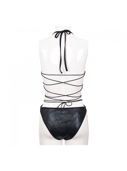 Punk Style Shiny Wavy Fabric With Metal Ring On The Chest Black Elastic One Piece Suspender Swimsuit