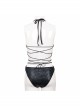 Punk Style Shiny Wavy Fabric With Metal Ring On The Chest Black Elastic One Piece Suspender Swimsuit