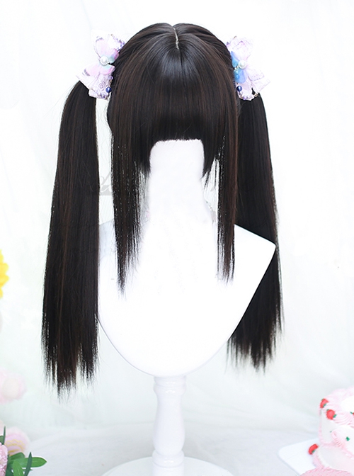 Quadratic Element Soft Girl Natural Straight Black Flat Bangs Dual Horsetail Sweet Lolita Silicone Scalp Wig