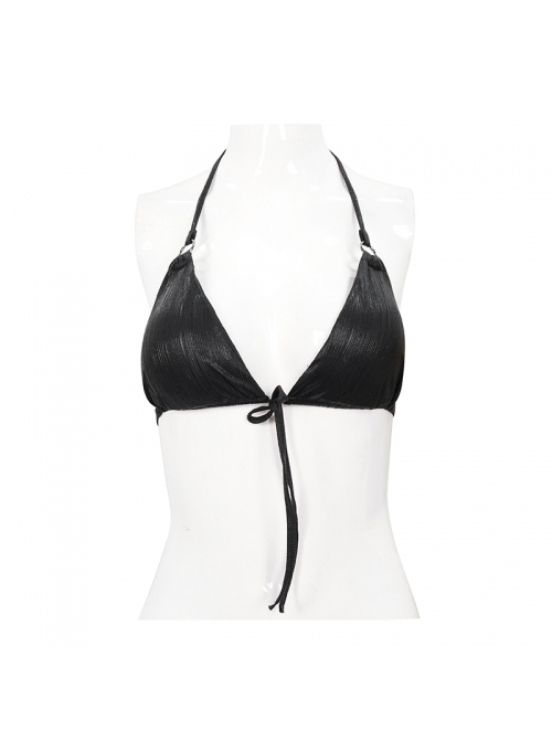 Punk Style Vertical Stripes With Adjustable Laces In The Middle Of The Front And Metal Ring Back Buckle Black Sexy Suspender Bikini