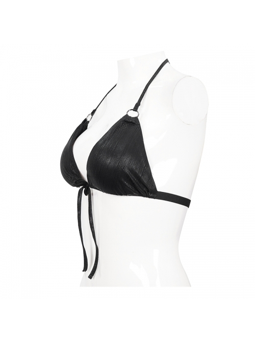 Punk Style Vertical Stripes With Adjustable Laces In The Middle Of The Front And Metal Ring Back Buckle Black Sexy Suspender Bikini