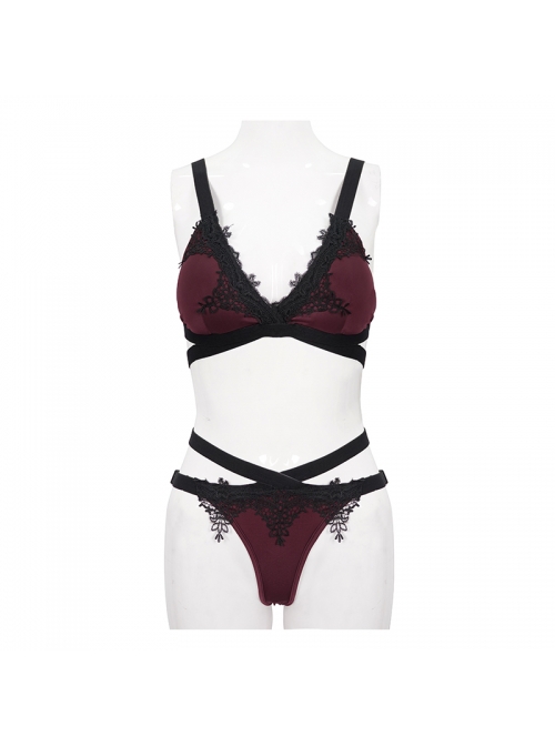 Gothic Style Stretch Burgundy Fabric Center Front Cross Strap Lace Embroidery Decoration Black And Red Swimsuit Set