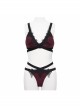 Gothic Style Stretch Burgundy Fabric Center Front Cross Strap Lace Embroidery Decoration Black And Red Swimsuit Set