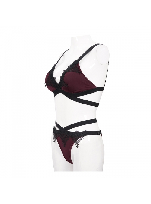 Gothic Style Stretch Burgundy Fabric Center Front Cross Strap Lace Embroidery Decoration Black And Red Swimsuit Set