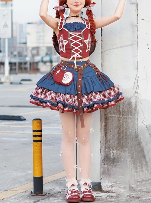 Apple Trap Series Playful Hottie Red Blue Spliced Denim Star Decoration Sweet Lolita Vest Skirt Belt Hat Bag Set