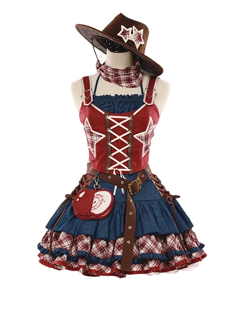 Apple Trap Series Playful Hottie Red Blue Spliced Denim Star Decoration Sweet Lolita Vest Skirt Belt Hat Bag Set