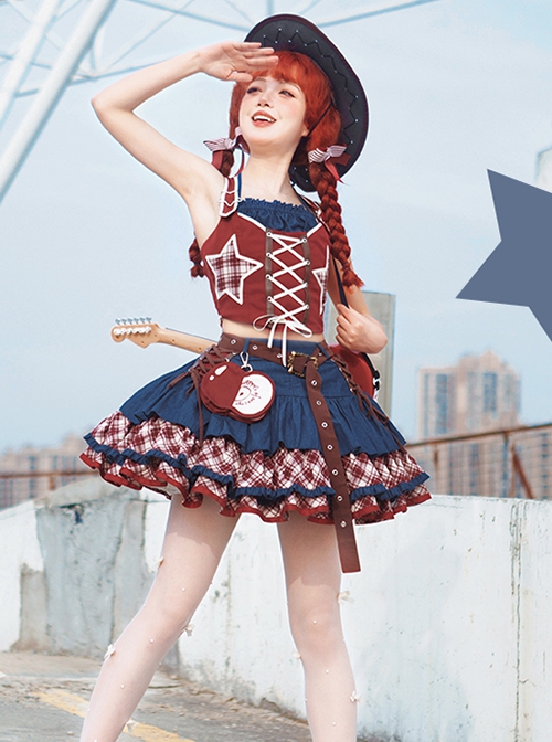 Apple Trap Series Playful Hottie Red Blue Spliced Denim Star Decoration Sweet Lolita Vest Skirt Belt Hat Bag Set