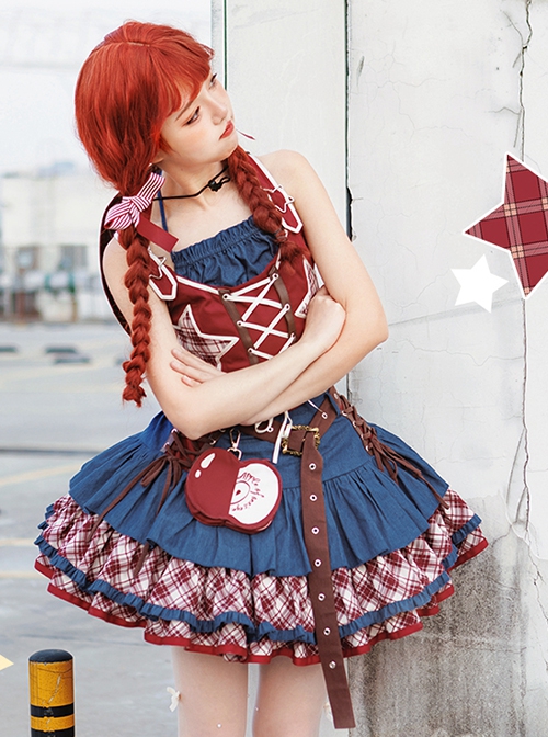 Apple Trap Series Playful Hottie Red Blue Spliced Denim Star Decoration Sweet Lolita Vest Skirt Belt Hat Bag Set