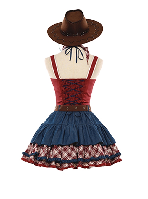 Apple Trap Series Playful Hottie Red Blue Spliced Denim Star Decoration Sweet Lolita Vest Skirt Belt Hat Bag Set