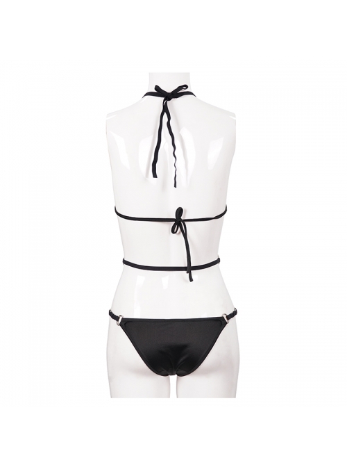 Punk Style Sexy Suspender Neck Half Hollow Chest Four Corners Galaxy Strap Black Bikini Swimsuit Suit