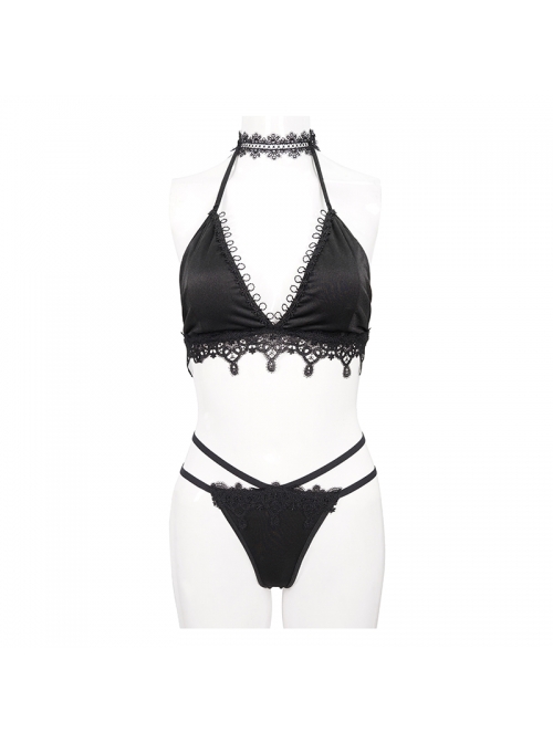 Gothic Style Sexy Elastic Halter Neck Front Center Lace Trim Black Adjustable Tie Bikini Swimsuit Set