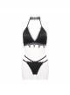 Gothic Style Sexy Elastic Halter Neck Front Center Lace Trim Black Adjustable Tie Bikini Swimsuit Set