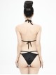 Gothic Style Sexy Elastic Halter Neck Front Center Lace Trim Black Adjustable Tie Bikini Swimsuit Set