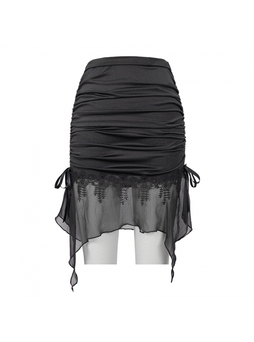 Gothic Style Slightly Transparent Mesh Lace Hem Side Pleated Black Hip Wrapped Swimsuit Fishtail Skirt