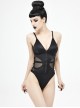 Punk Style Vertical Striped Knitted Patchwork Micro Transparent Mesh Front Center Adjustable Zipper Black Suspender One Piece Swimsuit