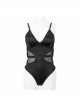 Punk Style Vertical Striped Knitted Patchwork Micro Transparent Mesh Front Center Adjustable Zipper Black Suspender One Piece Swimsuit