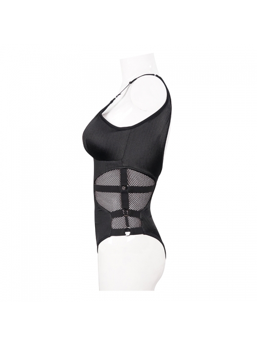 Punk Style Vertical Striped Knitted Patchwork Micro Transparent Mesh Front Center Adjustable Zipper Black Suspender One Piece Swimsuit