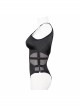 Punk Style Vertical Striped Knitted Patchwork Micro Transparent Mesh Front Center Adjustable Zipper Black Suspender One Piece Swimsuit